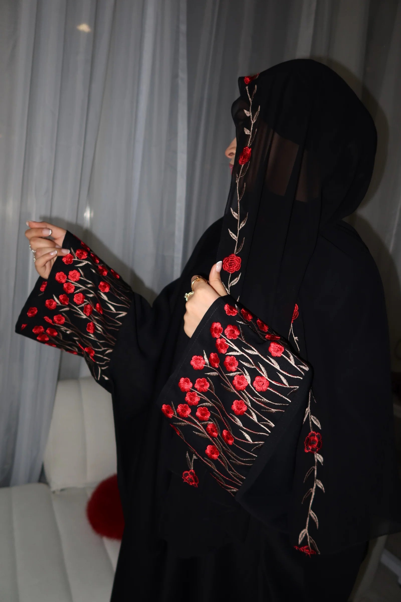 Embroidered Open Abaya with Hijab - Zahra
