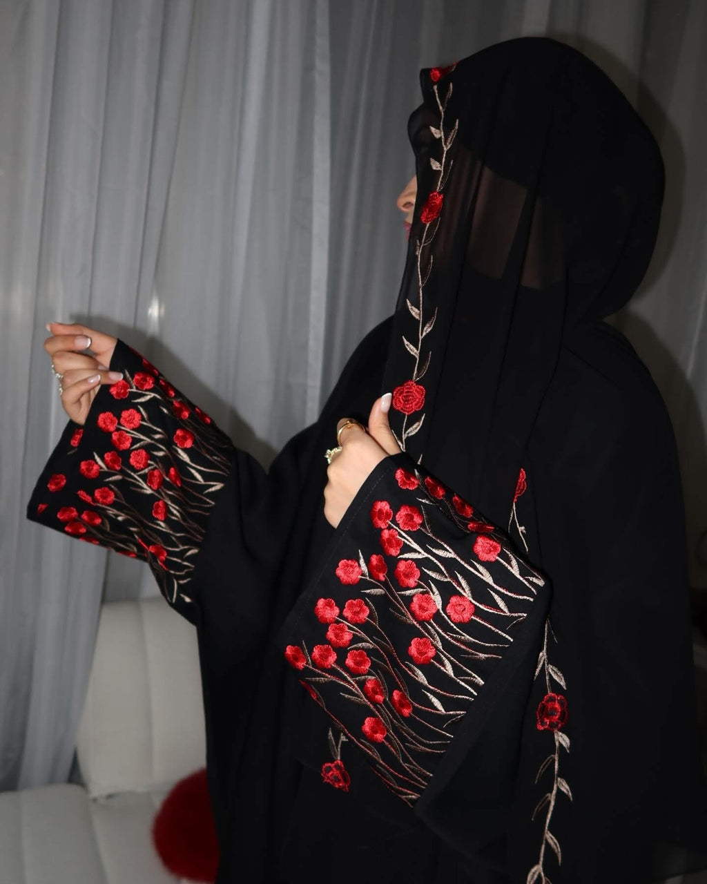 Embroidered Open Abaya with Hijab - Zahra